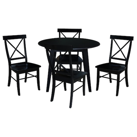 International Concepts 42 in. Solid Wood Round Dual Drop Leaf Dining Table with 4 Chairs in Black K46-42DL-C613-4
